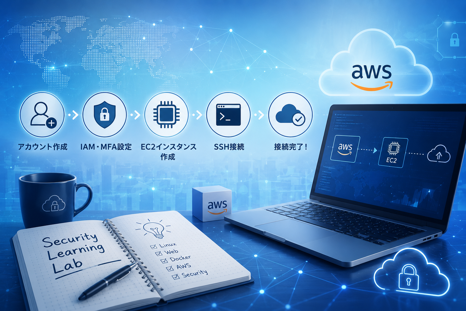 PCと背景に浮かぶ複数のマーク