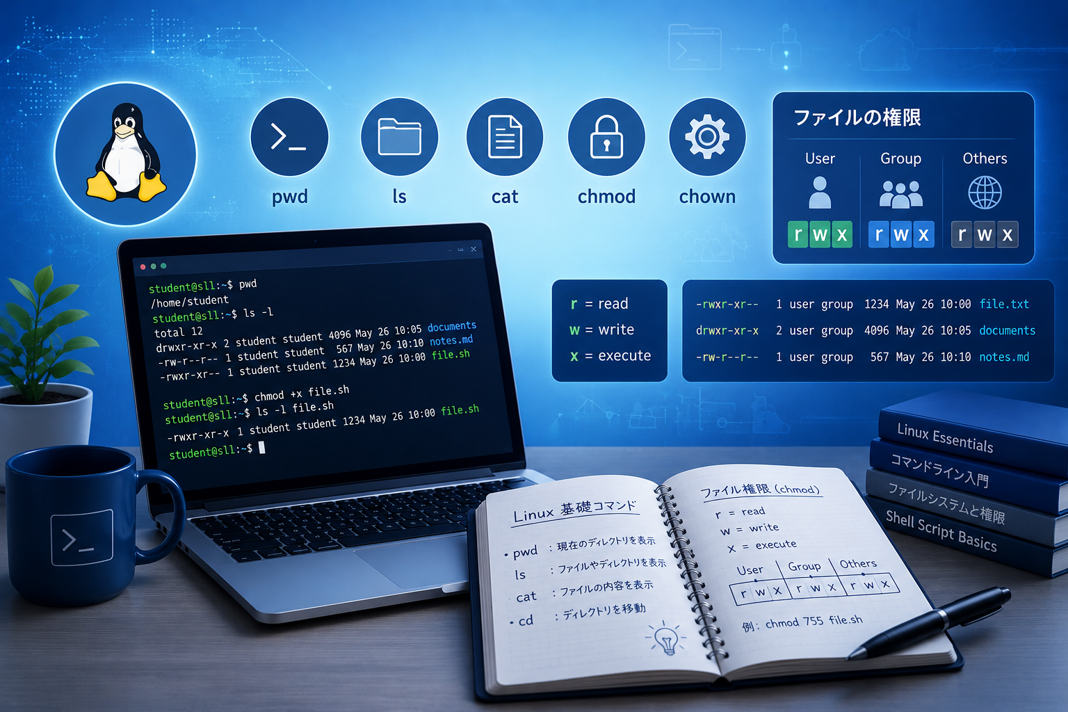 机の上のPCと手帳、背景に浮かぶ複数のマーク