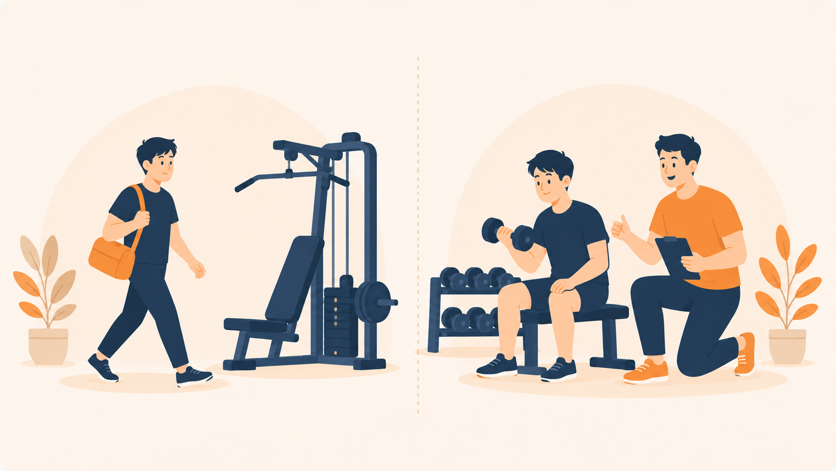 独学でジムに通う人とパーソナルトレーナー型講座を受ける人を対比したイラスト
