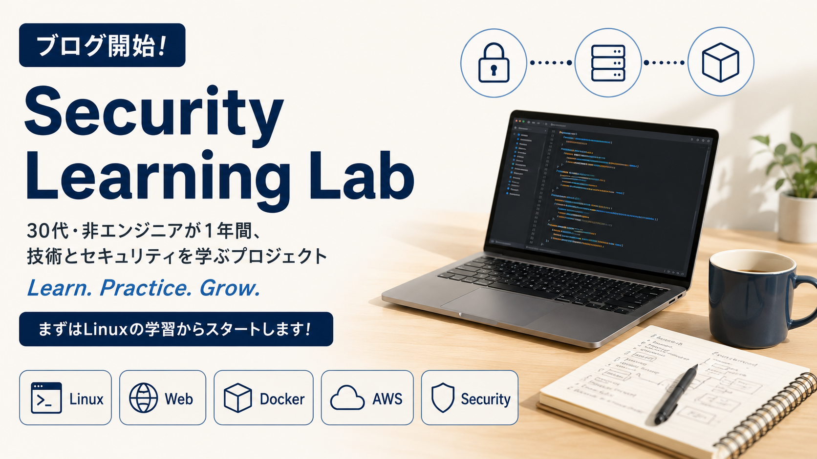 Security Learning Labブログ開始の紹介画像。ノートPC、マグカップ、学習ノートと、鍵・サーバー・コンテナの抽象アイコン、Linux/Web/Docker/AWS/Securityの5分野バッジ