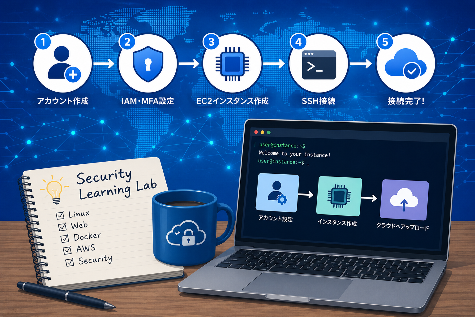 AWSアカウント作成からEC2インスタンスへのSSH接続完了までの5ステップを示すフロー図と、ノートPC、Security Learning Labの学習ノート、マグカップのイラスト