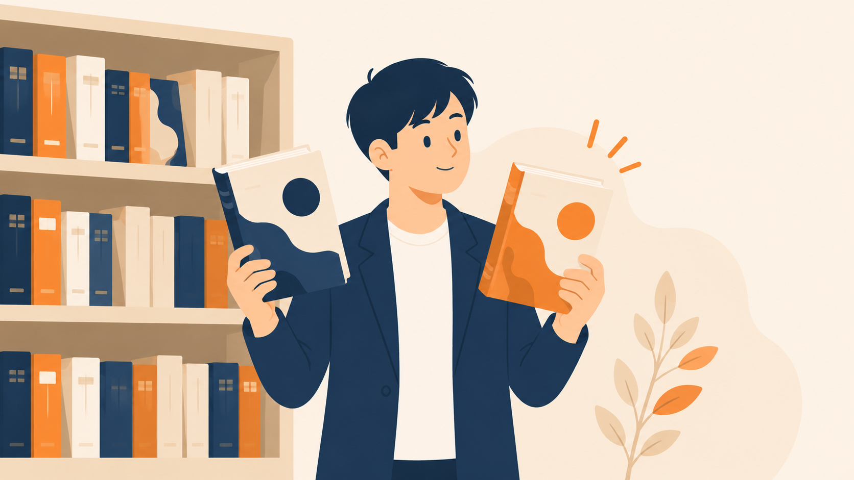 本屋の書棚の前で2冊の参考書を比較して選ぶ人物のイラスト