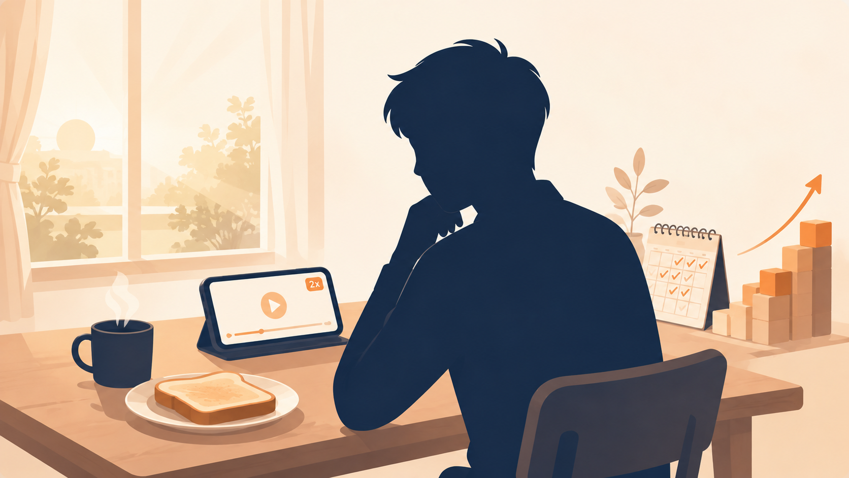 朝食を取りながら2倍速で動画講座を視聴し、習慣を積み重ねるイメージイラスト