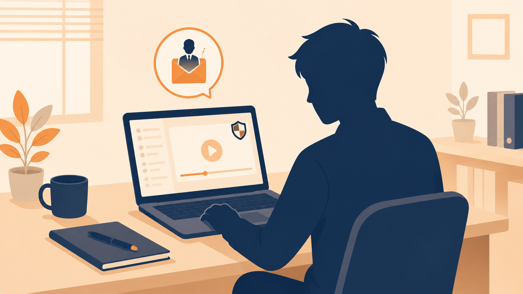 会社からの指示をきっかけにオンライン講座を視聴する会社員のイラスト